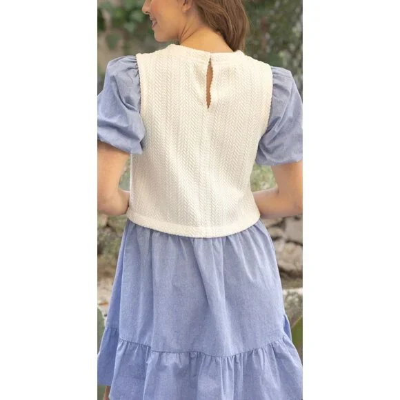 NWT Voy Womens Blue & White Two-Tone Dress W/ Knit Textured Top & Puff Sleeves~S - Picture 2 of 8